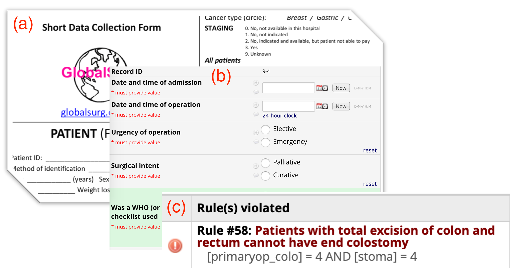 Figure 1. Examples of our (a) paper data collection form, (b) REDCap interface, and (c) a data quality pop-up warning.